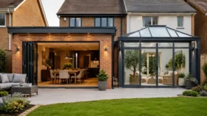 Modern home extensions and conservatories featuring spacious open-plan living area, glass conservatory, bi-fold doors, and landscaped garden in a contemporary residential property.
