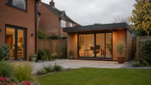 Modern garden home office in the UK with timber cladding, large glass sliding doors, and contemporary workspace interior in a landscaped backyard setting.