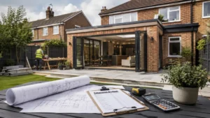 Modern rear home extension project in the UK with architectural plans, budget calculations, and newly built open-plan living space illustrating House Extension Costs UK.