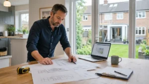 Planning Permission Advice consultation showing homeowner reviewing architectural plans and property extension drawings in a modern home office with digital planning documents and renovation project layout.