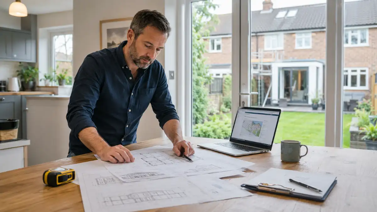 Planning Permission Advice consultation showing homeowner reviewing architectural plans and property extension drawings in a modern home office with digital planning documents and renovation project layout.