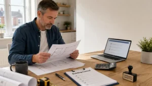 Building Regulations Costs assessment showing a homeowner reviewing construction plans alongside compliance documents, inspection checklist, calculator, and laptop in a home office.