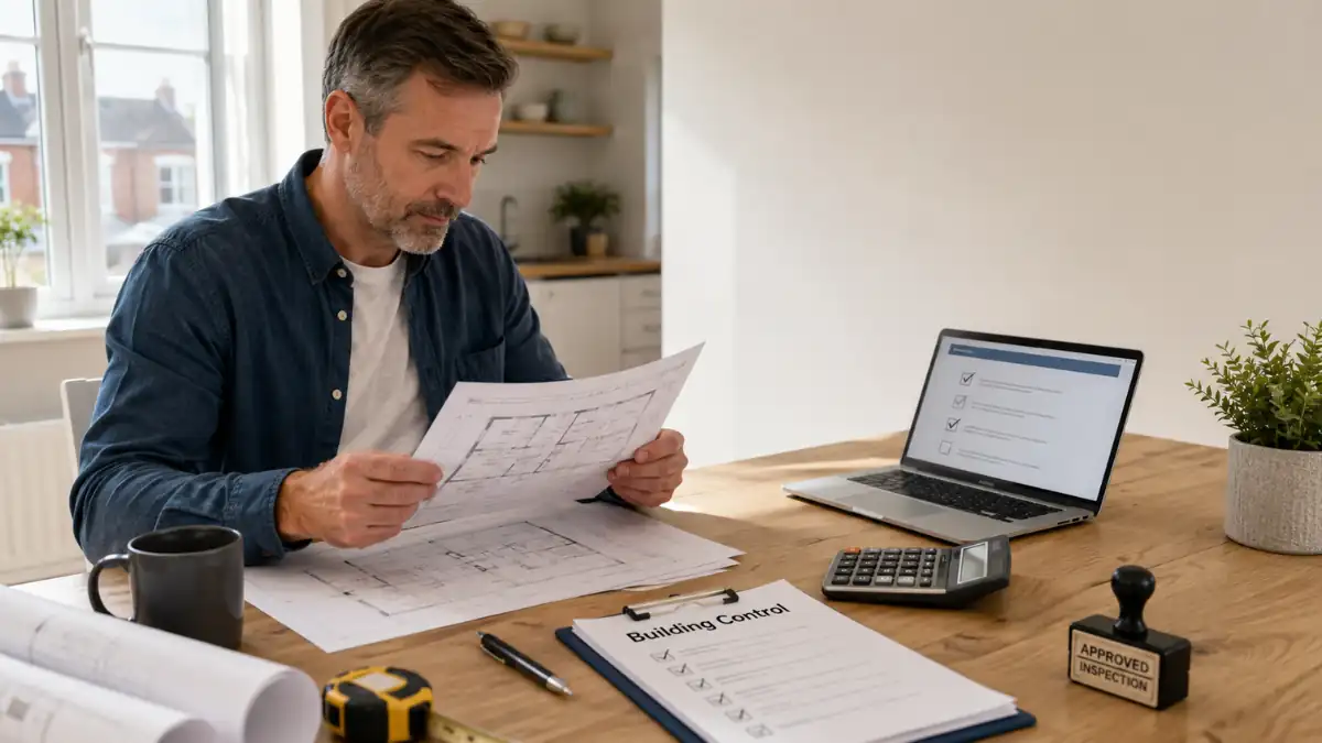 Building Regulations Costs assessment showing a homeowner reviewing construction plans alongside compliance documents, inspection checklist, calculator, and laptop in a home office.