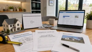 Building regulations 10 year rule explained with property documents, building plans, a house model, compliance paperwork, and a 10-year timeline calendar.