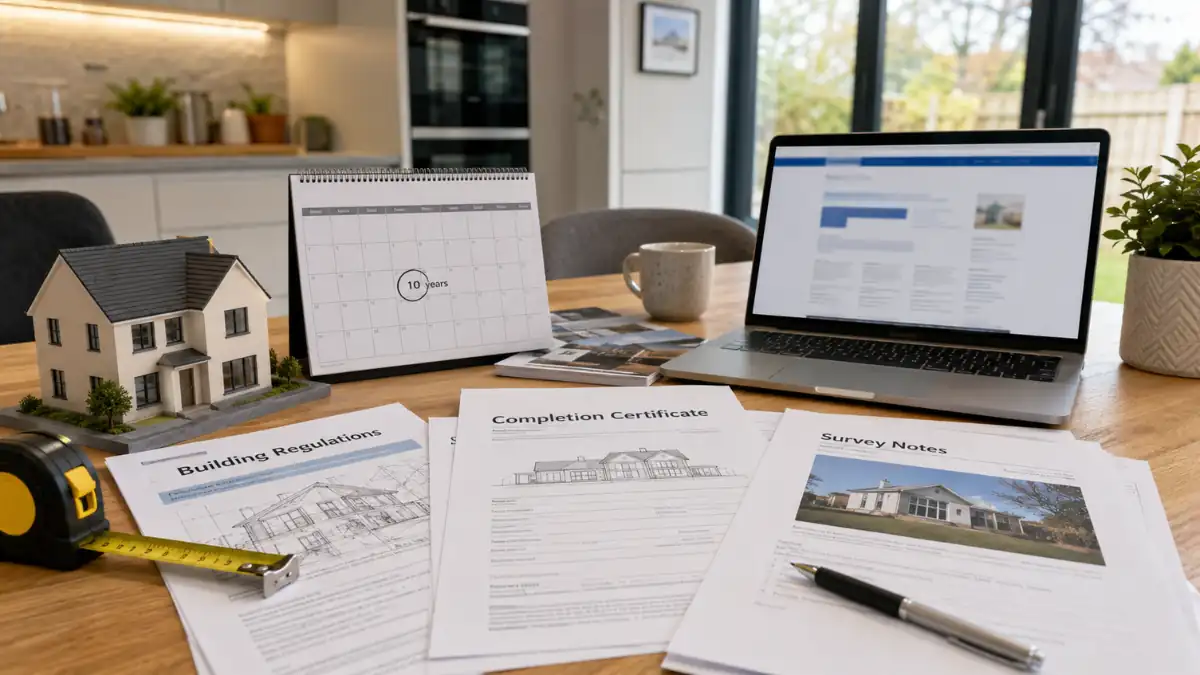 Building regulations 10 year rule explained with property documents, building plans, a house model, compliance paperwork, and a 10-year timeline calendar.
