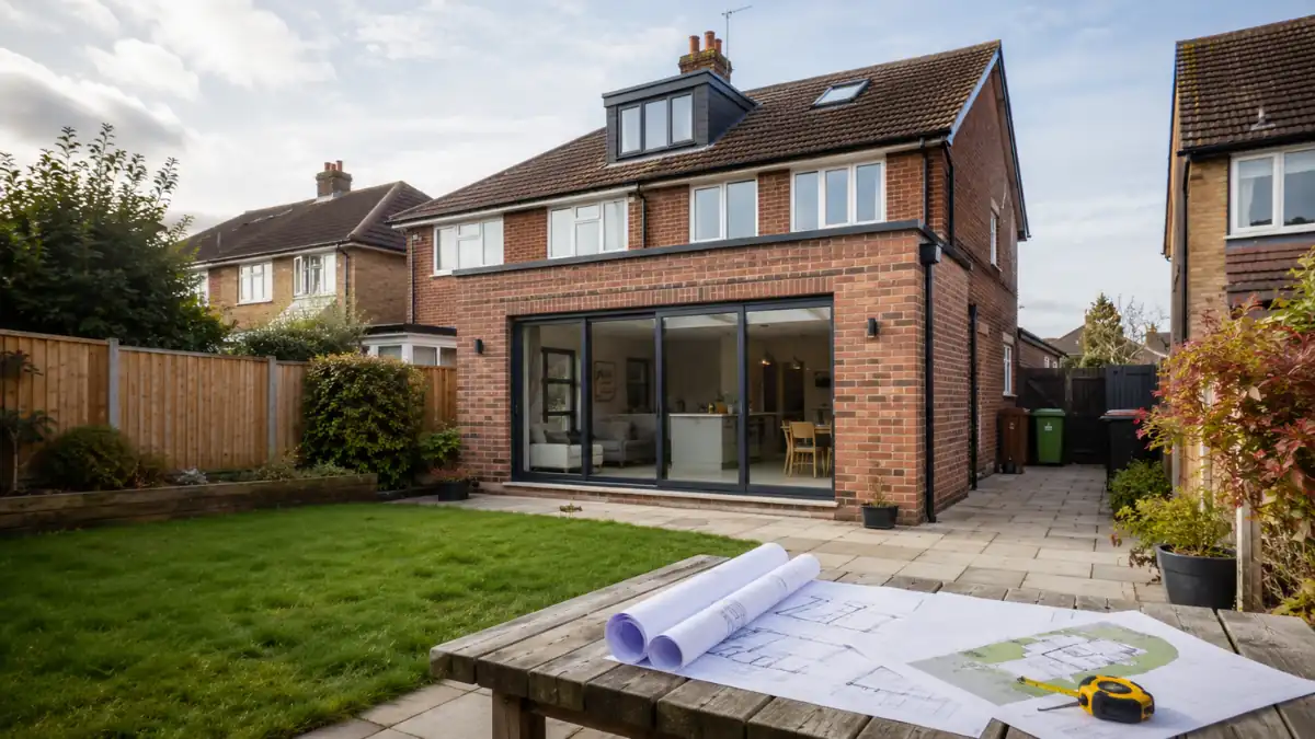 Conversions and extensions project showing a modern brick house with a rear home extension, large sliding glass doors, landscaped garden, and architectural plans displayed outdoors.