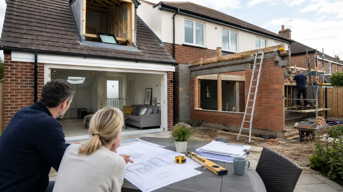Difference between conversion and extension illustrated by a home renovation project showing a loft conversion and rear house extension under construction.