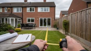 Extensions for length being measured in a residential garden before a home extension project, with architectural plans and tape measure visible.
