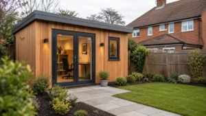 Garden sheds home offices featuring a modern timber garden office with large glass doors, landscaped garden surroundings, and a dedicated remote working space.