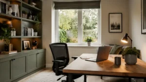 Modern home offices featuring a wooden desk, ergonomic chair, built-in shelving, indoor plants, and natural light from a large window.