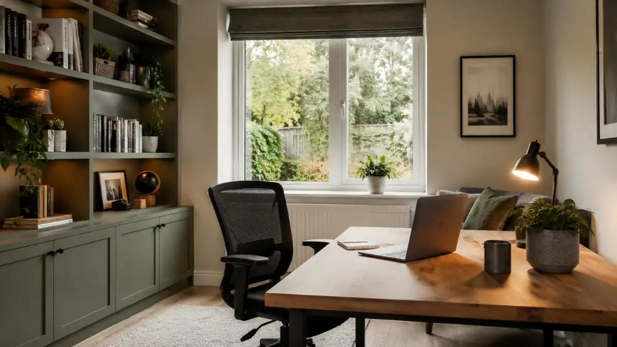 Modern home offices featuring a wooden desk, ergonomic chair, built-in shelving, indoor plants, and natural light from a large window.