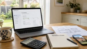 Planning Permission Costs guide showing a laptop with an online planning application portal, architectural floor plans, calculator, and budget notes for a home building project.
