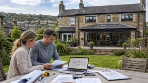Planning permission Bradford consultation with homeowners reviewing architectural plans and property documents outside a residential home in Bradford.