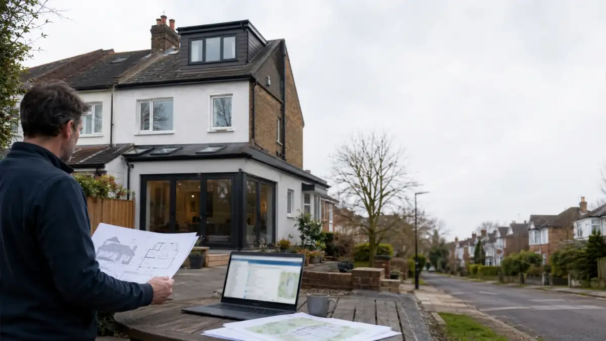 Planning permission Barnet project showing a homeowner reviewing extension plans outside a residential property, with architectural drawings and planning documents for a home renovation.