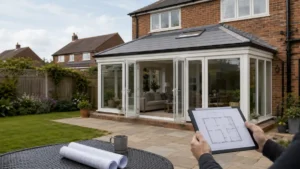 Modern brick house with a glass conservatory extension and architectural floor plans, illustrating planning permission for conservatory home improvement projects in the UK.