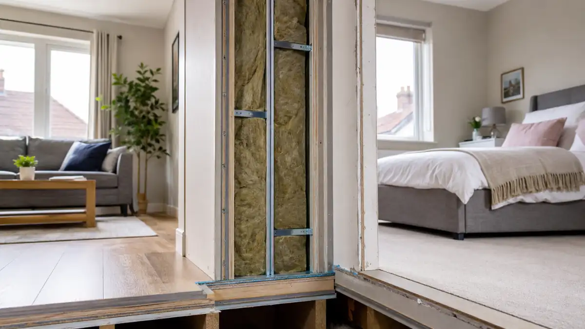 Building Regulations Part E compliant acoustic insulation installed inside an internal partition wall to reduce sound transmission between residential rooms.