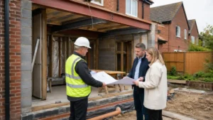 Building Regulations Process showing a homeowner meeting with a building inspector and contractor at a house extension construction site to review plans and ensure compliance.