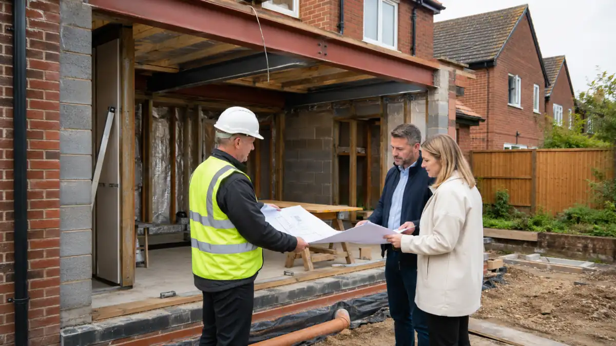 Building Regulations Process showing a homeowner meeting with a building inspector and contractor at a house extension construction site to review plans and ensure compliance.