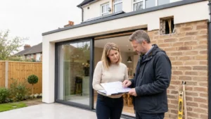 Homeowner and building professional reviewing extension plans during a Building Regulations Retrospective inspection for a modern rear home extension.