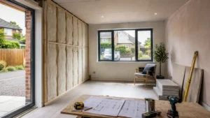 Garage conversion costs shown in a partially renovated garage with insulation, plasterboard walls, and building plans during a home conversion project.