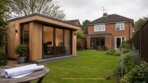 Garden office rules illustrated by a modern timber garden office building in a residential backyard with planning documents and landscaped garden.