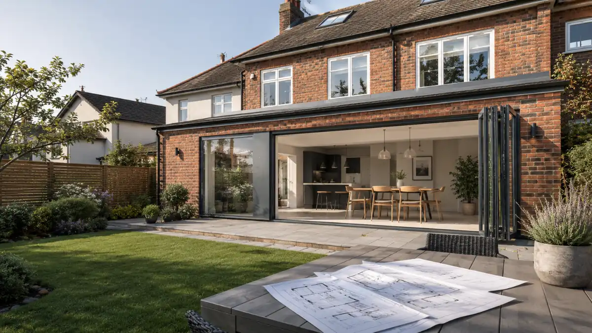 House Extension featuring a modern brick rear extension with large bifold doors opening onto a landscaped garden and contemporary open-plan kitchen and dining area.