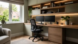 Modern home offices ideas featuring a stylish built-in wooden desk, dual monitors, floating shelves, ergonomic chair, warm LED lighting, and indoor plants in a bright contemporary workspace.