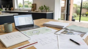 Planning Permission Process with architectural plans, site maps, planning documents, and a laptop displaying property development plans on a modern office table.