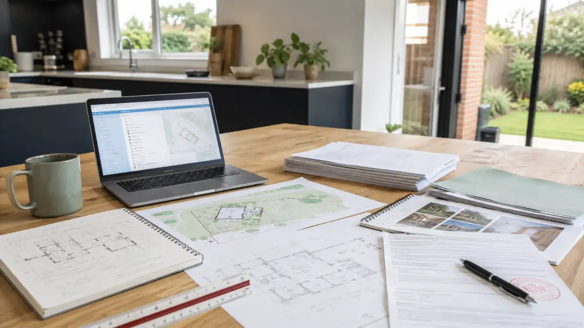 Planning Permission Process with architectural plans, site maps, planning documents, and a laptop displaying property development plans on a modern office table.