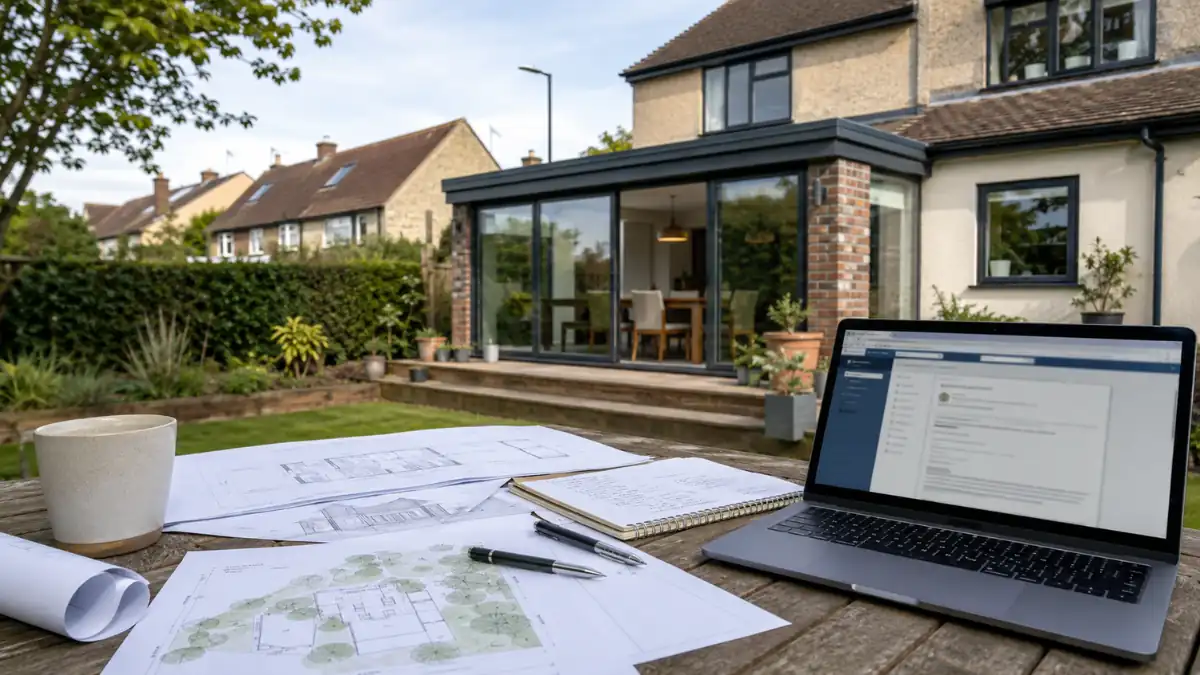 Planning Permission South Glos consultation showing house extension plans, architectural drawings, and a laptop in the garden of a residential property.