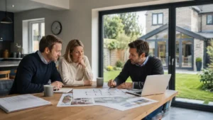 Planning permission for extensions consultation with homeowners reviewing house extension plans and architectural drawings at a kitchen table.
