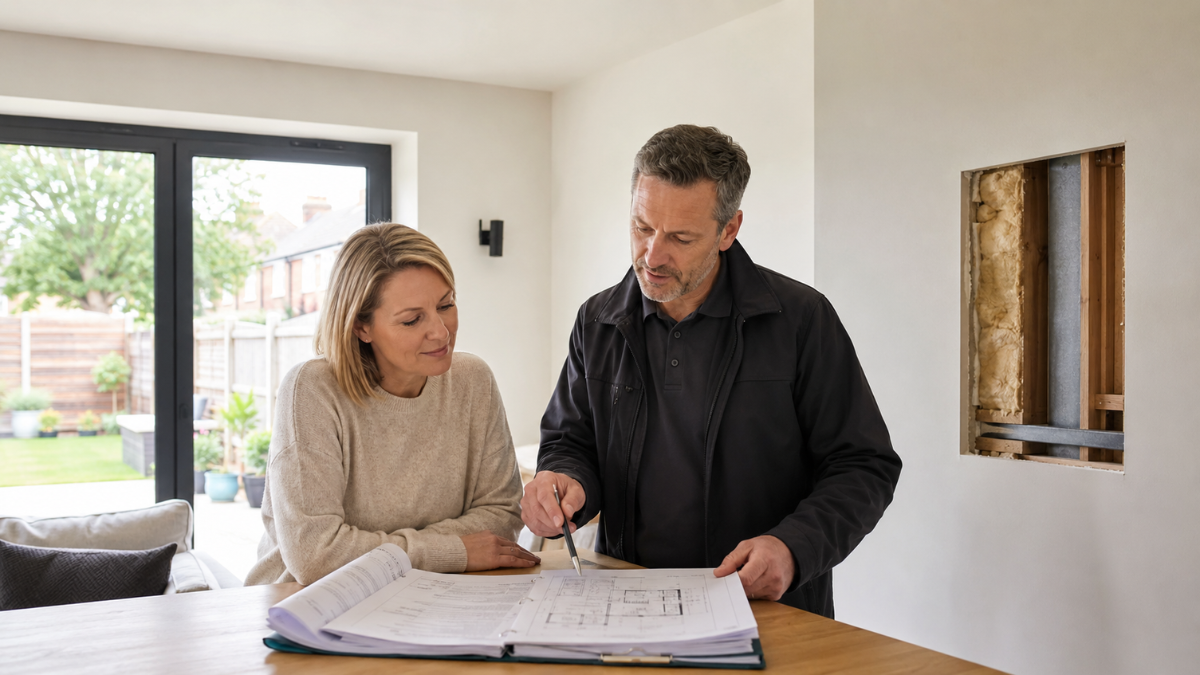 Building Regulations Retrospective surveyor discussing retrospective building compliance plans with a homeowner during a property inspection.