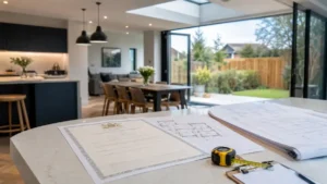 Building regulations certificate of completion displayed with architectural plans in a modern home renovation and extension.