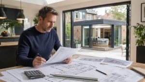 Homeowner reviewing the cost of house extension plans, architectural drawings and building estimates for a modern home extension.