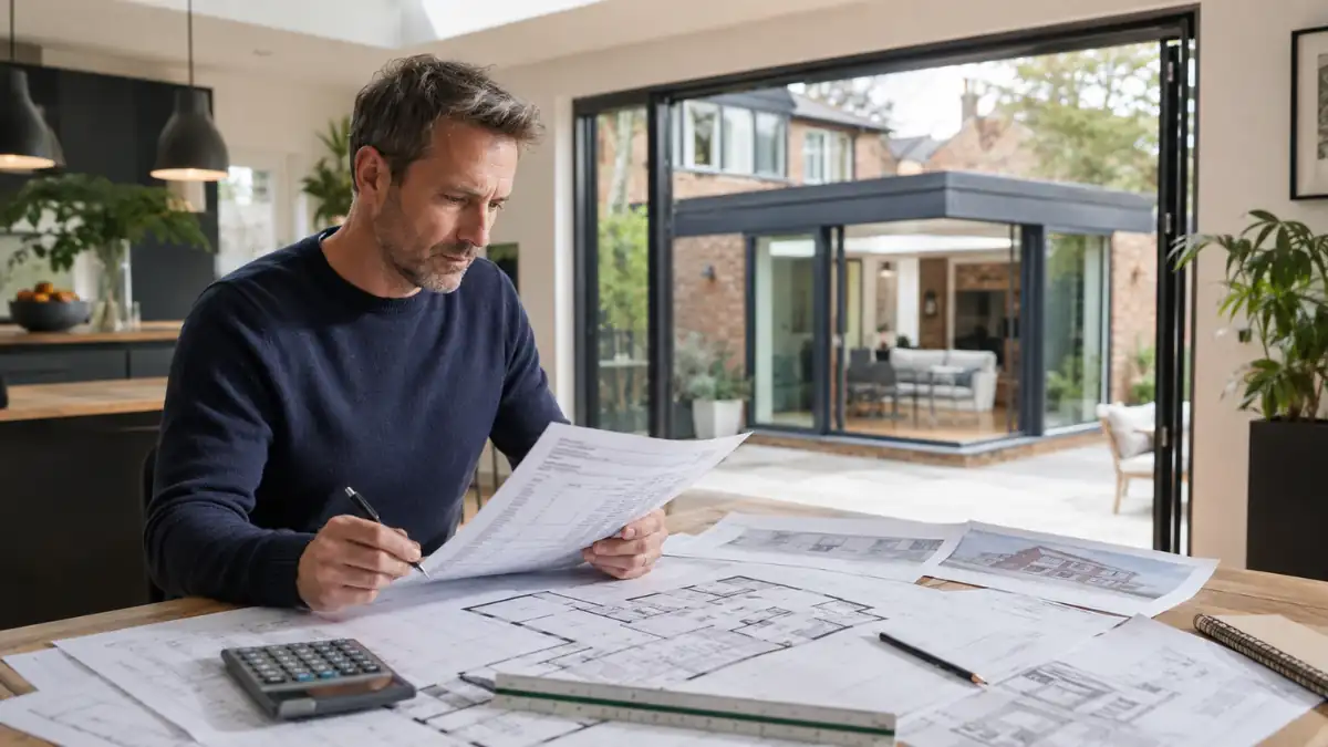 Homeowner reviewing the cost of house extension plans, architectural drawings and building estimates for a modern home extension.