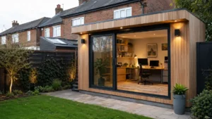 Modern garden Home Offices with timber cladding, large glass doors and a stylish workspace in a landscaped UK garden.