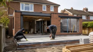 House extension cost per m2 – builders measuring the foundations of a modern brick home extension during construction.