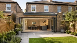 House extension ideas featuring a modern rear extension with large bifold doors, open-plan kitchen and dining area, landscaped garden, and contemporary brick design.