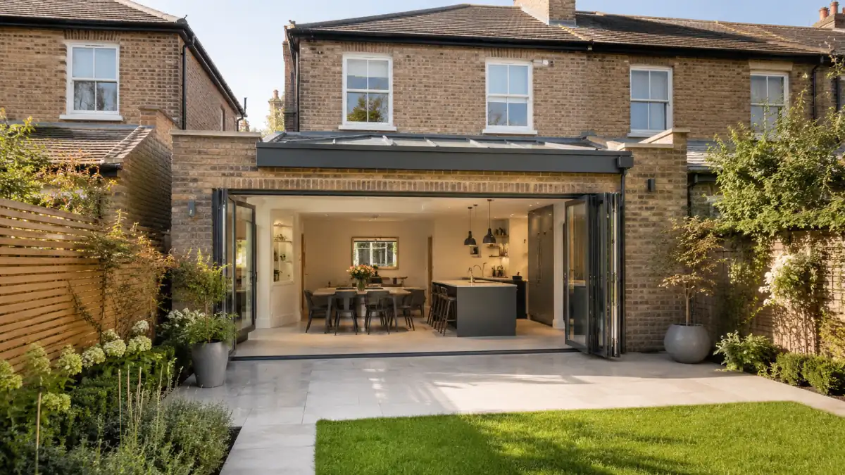 House extension ideas featuring a modern rear extension with large bifold doors, open-plan kitchen and dining area, landscaped garden, and contemporary brick design.