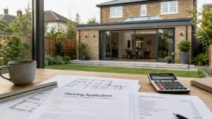 How Much Does Planning Permission Cost – planning application documents, architectural drawings and estimated project costs for a UK home extension.