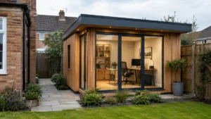 Modern outside home offices with timber cladding, large glass doors and a contemporary garden workspace.