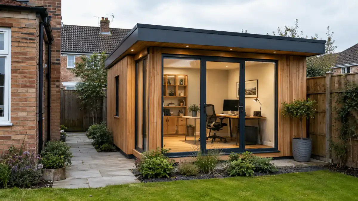 Modern outside home offices with timber cladding, large glass doors and a contemporary garden workspace.