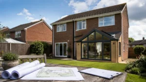 Rear extension completed under Planning Permission Nuneaton, showcasing a modern glazed garden room addition to a detached family home with architectural plans in the foreground.