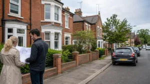 Planning permission Leicester consultation with property owners reviewing architectural plans outside residential homes.