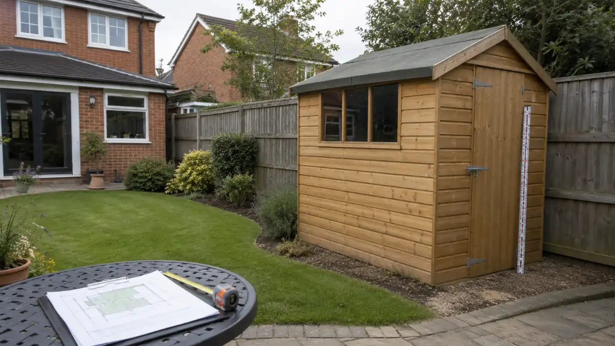 Planning permission garden shed in a residential UK garden, showing a timber shed beside a boundary fence with measurements and plans.