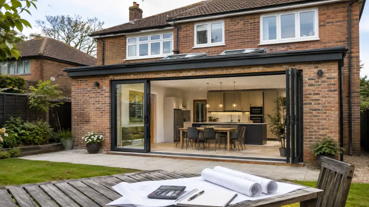 Modern rear house extension with open-plan kitchen and bifold doors, illustrating the average cost of house extension projects in the UK.