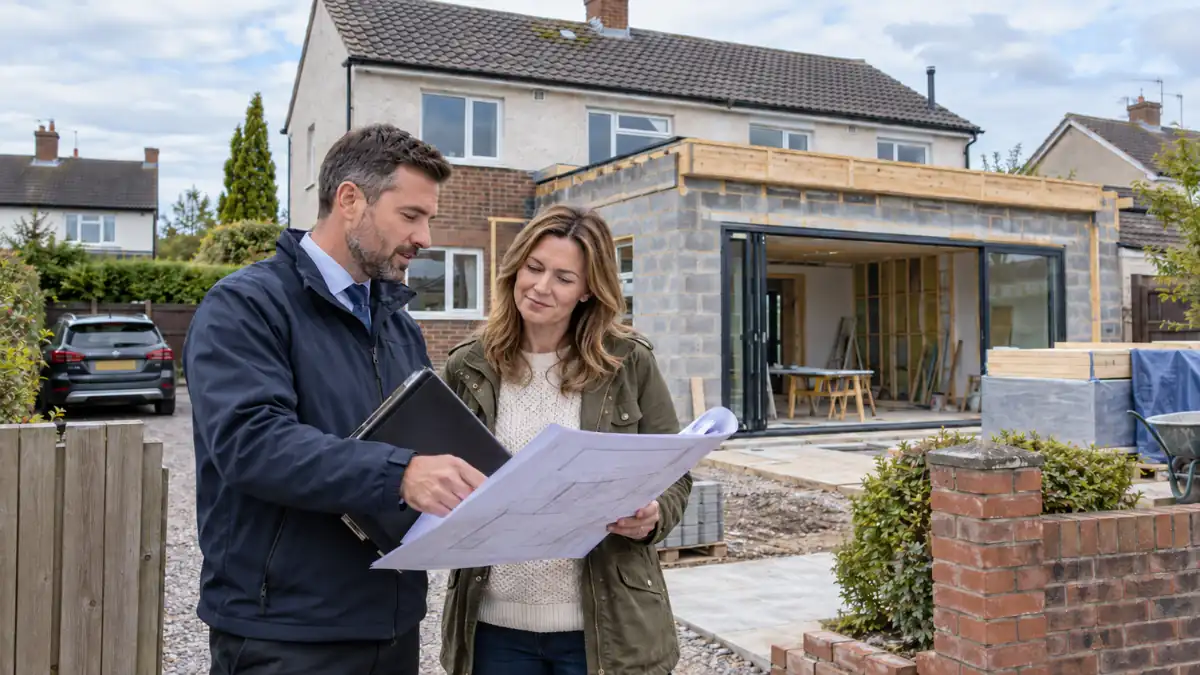 Building regulations Northern Ireland consultation for a home extension project under construction.