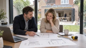 Cost of drawing plans for an extension – architect reviewing house extension drawings and floor plans with a homeowner.
