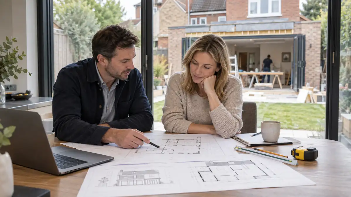 Cost of drawing plans for an extension – architect reviewing house extension drawings and floor plans with a homeowner.