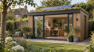 Green home offices with a sustainable garden workspace, solar panels, living roof and large glass doors.